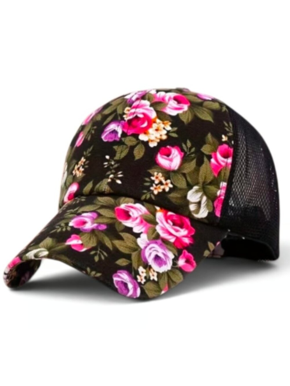Black & Pink Floral Mesh Trucker Hat